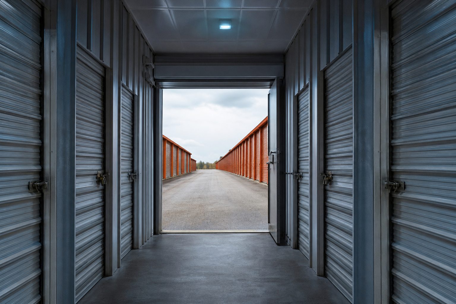 Climate controlled storage hallway seen through an open exterior door with an outdoor drive aisle beyond