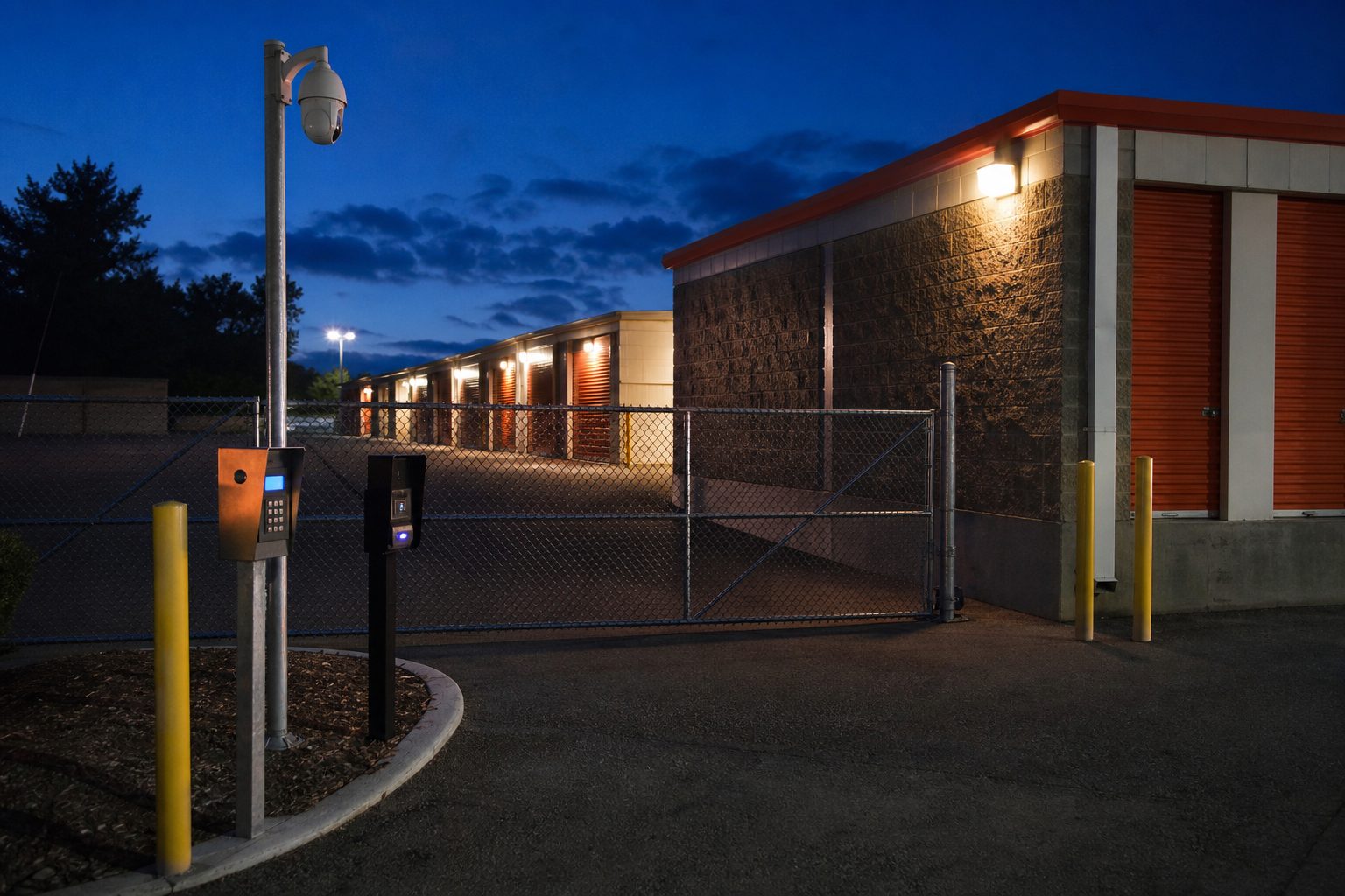 Unstaffed storage gate at dusk with a keypad pedestal, a call box and a dome camera on a galvanized pole