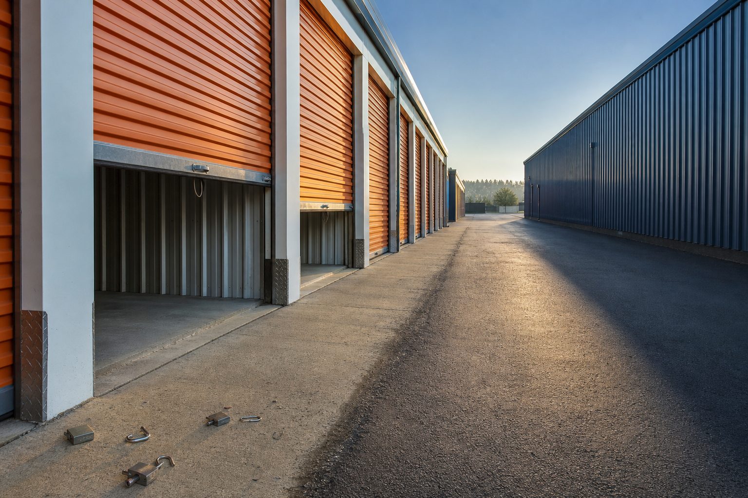 Row of orange roll up doors at sunrise with two partly raised and cut padlock shanks on the concrete