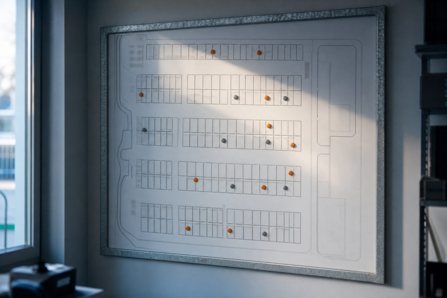 Wall mounted storage site map board showing a grid of unit rectangles marked in orange and grey