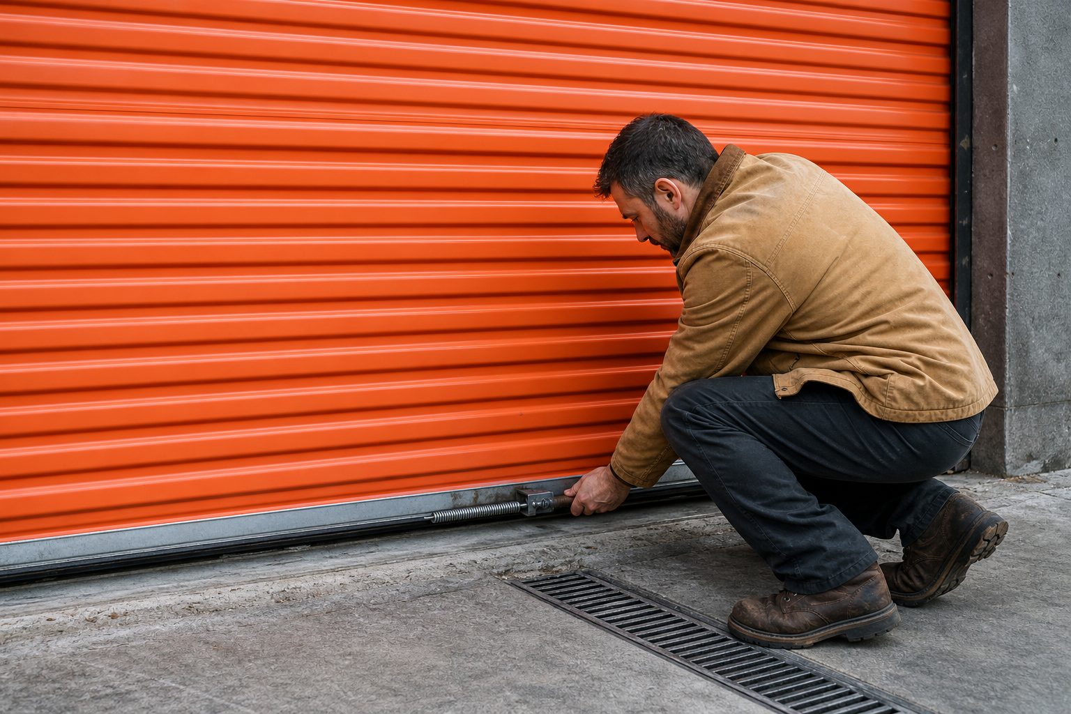 Facility manager crouched at an orange roll up door checking the latch, the roller track and the spring