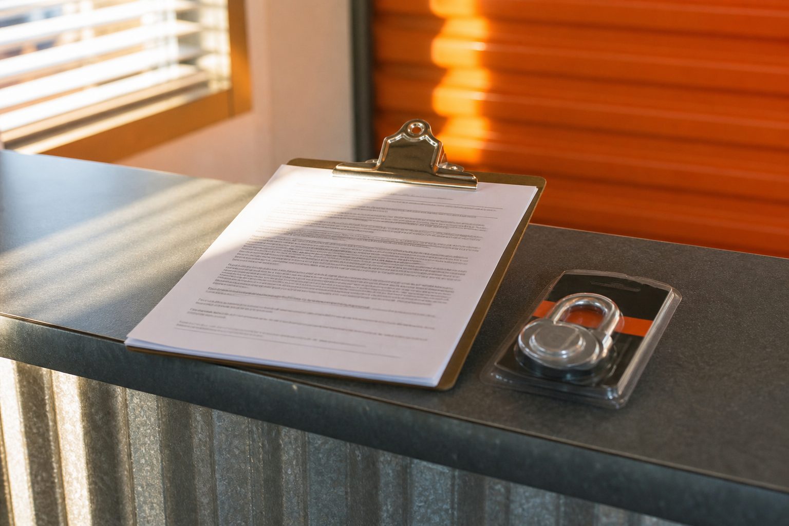 Clipboard holding unsigned lease pages and a new disc padlock resting on a storage office counter