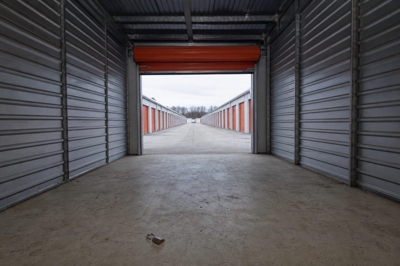 Open orange roll up door on an emptied storage unit with a cut disc padlock lying on the concrete floor