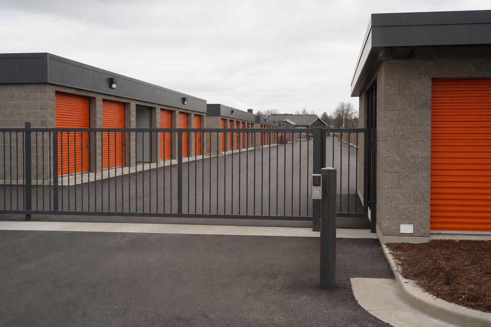 Rows of orange roll up doors along a paved drive at a self storage facility in afternoon light